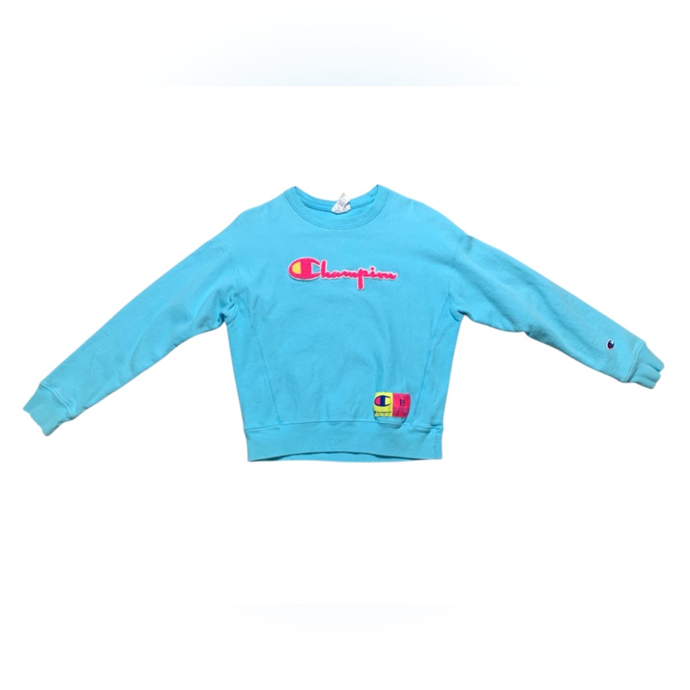Champion Reverse Weave Crewneck Sweatshirt Blue Chenille Logo GF750 QQC Medium